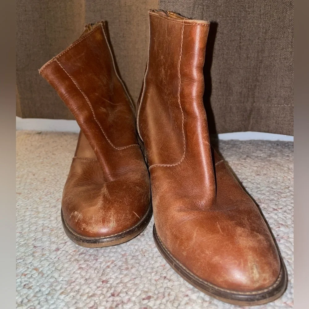 Madewell Brown Ankle Boot with Chunky Heel Western Leather Comfy Zip Up Cowgirl